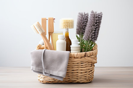 Basket with brushes rags natural sponges and cleaning equipment. Washing brush and spray home cleaning servicesの素材