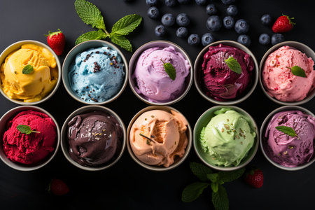 Fresh fruit with scoops of colorful delicious creamy vanilla and strawberry ice cream backgroundの素材