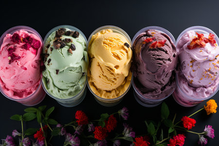 Top view Chocolate vanilla and strawberry ice cream with green leaf on a white backgroundの素材