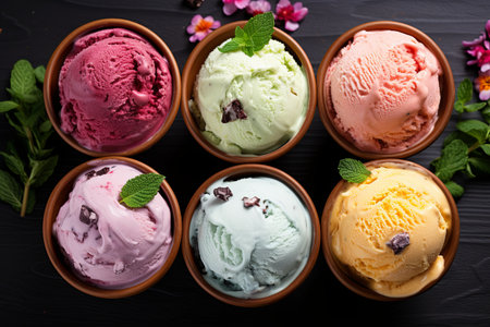 Top view Chocolate vanilla and strawberry ice cream with green leaf on a white backgroundの素材