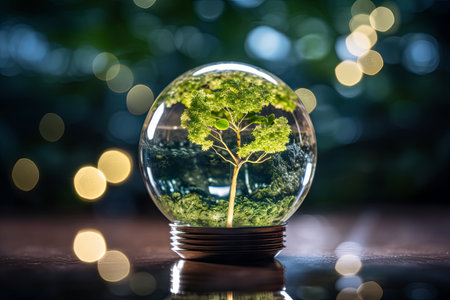 Eco friendly glass globe of green energy saving ecology and environmental protection, renewable solar energy concept backgroundの素材