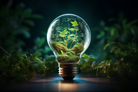 Eco friendly lightbulb of green energy saving ecology and environmental protection, renewable energy or clean circular energy conceptの素材