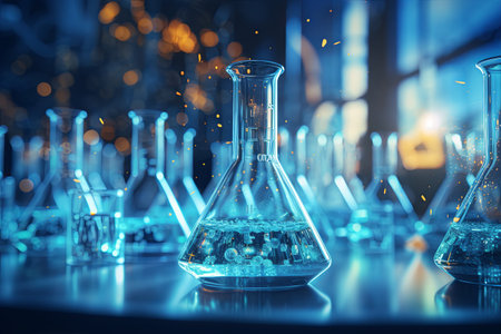 Lab chemistry or science research and development medical test tubes in hospital laboratory.の素材