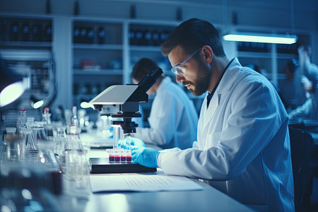 Scientist researcher using microscope in laboratory. Doctor medical science research with digital technology.の素材