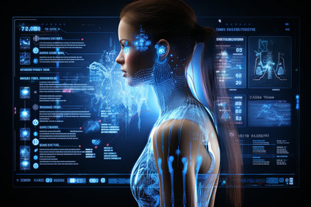 Virtual screen interface with laboratory medical innovation and technology backgroundの素材