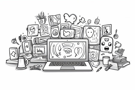 Hand drawn digital marketing elements doodle set line art illustrationの素材