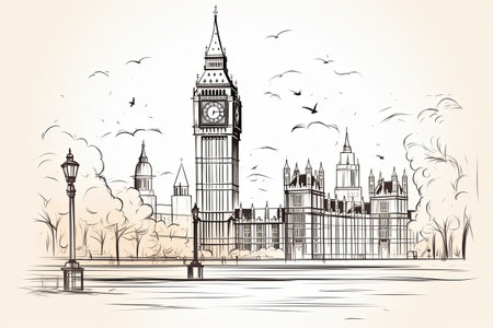 Hand drawn cityscape building skyline line art illustrationの素材
