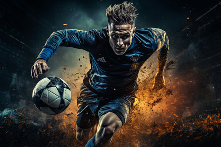 Professional football or soccer player action scene on stadium backgroundの素材