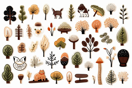 Collection of mushroom and autumn leaves sticker set clipart illustration with pattern backgroundの素材