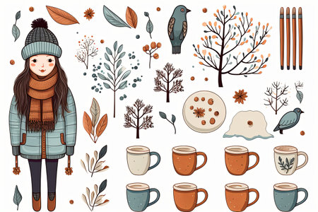 Printable winter elements of cozy house and tree sticker clipart Illustration set on white backgroundの素材