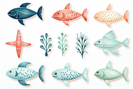 Printable sea animals and fish sticker clipart Illustration set on white backgroundの素材
