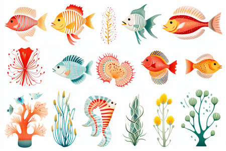 Printable sea animals and fish sticker clipart Illustration set on white backgroundの素材