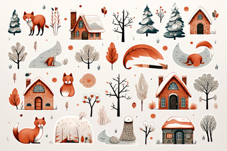 Printable winter elements of cozy house and tree sticker clipart Illustration set on white backgroundの素材