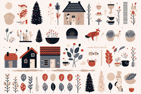 Printable winter elements of cozy house and tree sticker clipart Illustration set on white backgroundの素材