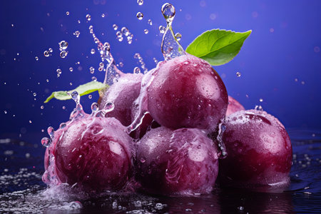 Fresh plums fruits juice and healthy food summer beverage concept with falling into ice water drop splash backgroundの素材