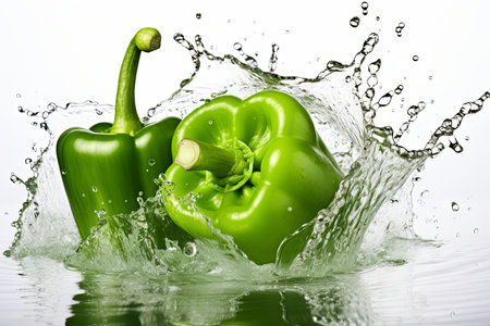 Fresh green peppers healthy organic vegetable with falling water drop splash on white backgroundの素材
