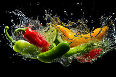 Fresh green red yellow chili or organic vegetable with falling water drop splash on black backgroundの素材