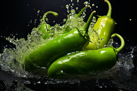 Fresh green chili or organic vegetable with falling water drop splash on white backgroundの素材