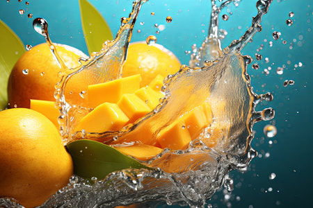 Fresh mango fruits juice and healthy food summer beverage concept with water splash backgroundの素材