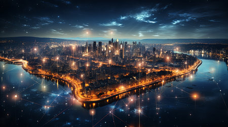 Abstract night city map with technology network big data connection lines futuristic invention backgroundの素材