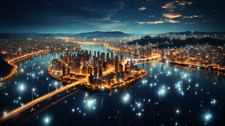 Abstract night city map with technology network big data connection lines futuristic invention backgroundの素材