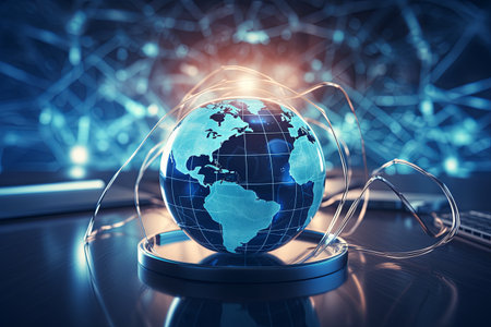 Futuristic digital technology network background with Night city world map big data transfer global communicationの素材