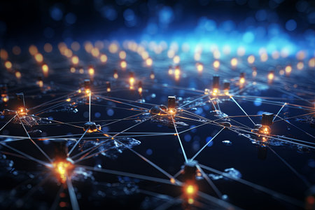 Futuristic digital technology network background with Night city world map big data transfer global communicationの素材