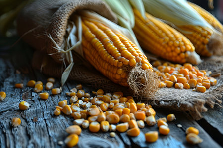 Close up of fresh corn groats and seeds corncobs and burlap on wooden backgroundの素材