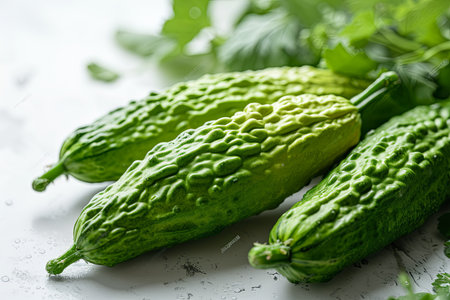 Close up fresh bitter gourd or bitter melon organic vegetables on white backgroundの素材