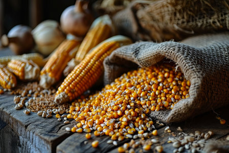 Close up of fresh corn groats and seeds corncobs and burlap on wooden backgroundの素材