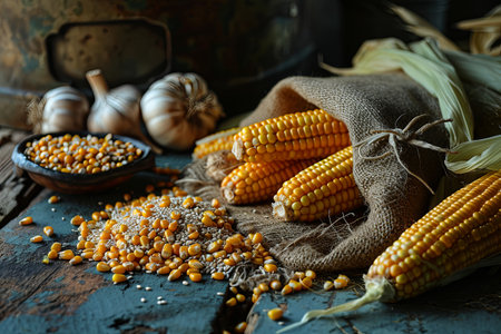 Close up of fresh corn groats and seeds corncobs and burlap on wooden backgroundの素材