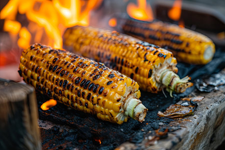Delicious grilled fresh corn background. Cooked corn cobs with herbs and spices on barbecue grill.の素材