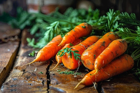 Fresh carrots harvest background with Healthy vegan food and Gardening conceptの素材