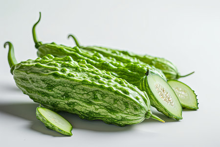 Close up fresh bitter gourd or bitter melon organic vegetables on white backgroundの素材