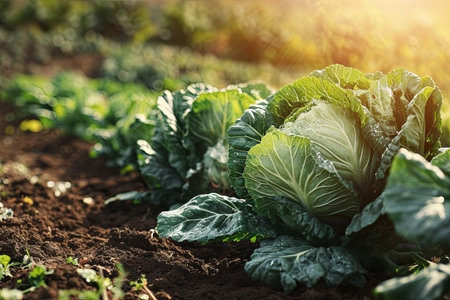 Fresh cabbage vegetables and harvesting garden field backgroundの素材