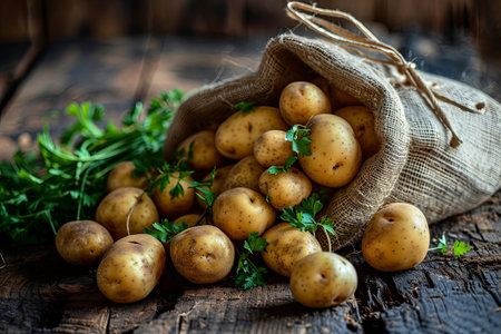 Natural organic fresh potatoes harvest in burlap sack on wooden table backgroundの素材