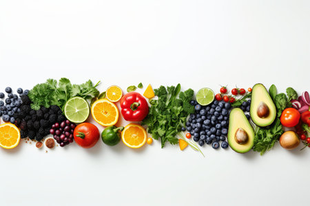 Top View Healthy Food with assortment of fresh different fruits and organic vegetables harvest concept on white backgroundの素材