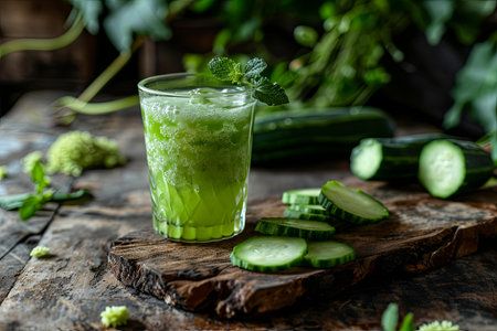 Herbal juice with bitter melon or bitter gourd on rustic wooden background. Healthy Herbal Drinkの素材