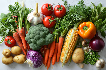 Healthy Food background with assortment of fresh different fruits and organic vegetables harvest conceptの素材