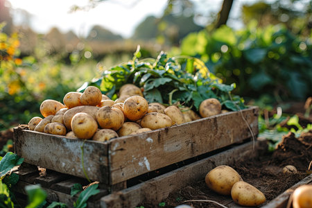 Natural organic fresh potatoes in a wooden box backgroundの素材