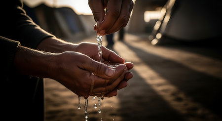A person's hands are cupped together, collecting a stream of clear water that is flowing from an unseen source above. The water is dripping from their hands.の素材