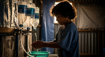 A young boy washes his hands at a homemade hand washing station with repurposed plastic bottles and a bucket.の素材