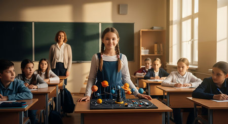 A young student proudly presents a solar system model to her classmates in a bright classroom setting, with the teacher observing from the background.の素材