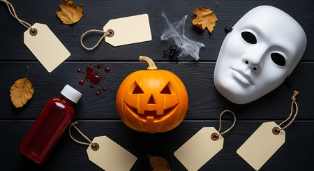 Halloween themed image with a carved pumpkin, a white mask, and various tags. Dark background with autumnal elements.の素材