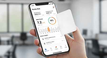 Close-up of a hand holding a smartphone showing a health app interface with graphs and readings, possibly for blood sugar monitoring.の素材