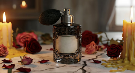 A clear glass perfume bottle with a blank label sits among dark red roses and lit candles on a textured surface.の素材