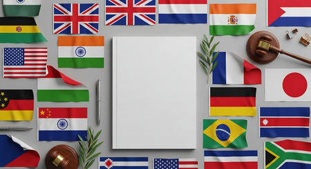 Top view of a blank document with world flags representing international relations diplomacy and global agreements A judges gavel symbolizes law and justice.の素材