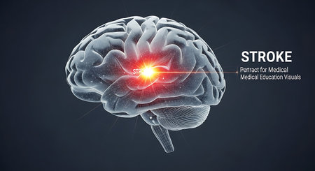 Anatomical depiction of a brain affected by a stroke, emphasizing the area of impact and damage.の素材
