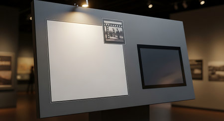 A modern display panel in a museum setting, featuring a large blank area for text or images and a digital screen for interactive content.の素材