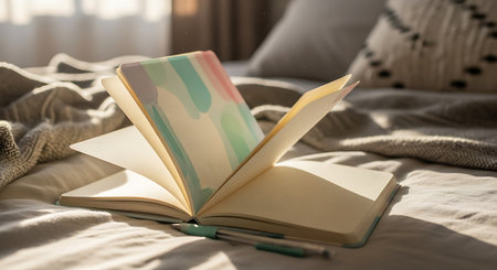 A personal journal with watercolor art lies open on a comfortable bed bathed in warm morning sunlight. A pen rests nearby, suggesting a moment of creativity or reflection.の素材